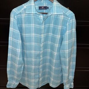 Vineyard‎ Vines Mens Button Up Shirt M Mist Blue Plaid Linen Bendback Tisbury